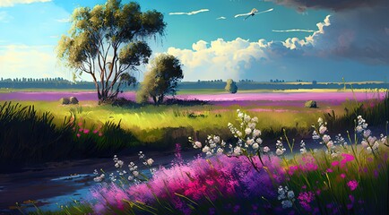 beautiful spring field landscape, flower blossom with bright light shine in day time, Generative Ai