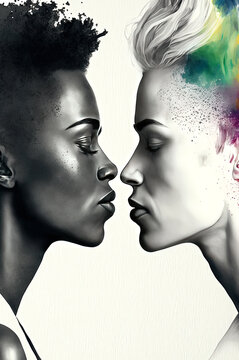 Generative AI illustration of lesbian couple with rainbow colors