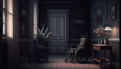 Nursing home room interior with wheelchair. Generative AI - obrazy, fototapety, plakaty