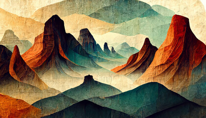 Obraz na płótnie Canvas stylized mountain landscape with evening sun, drawing in pink and brown tones. Generative Ai