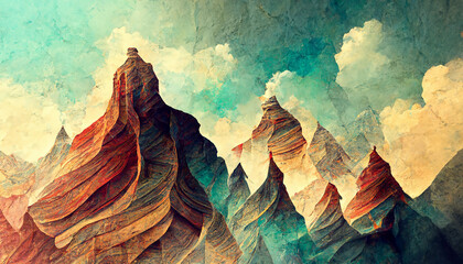 stylized mountain landscape with evening sun, drawing in pink and brown tones. Generative Ai