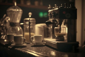 Obraz na płótnie Canvas The process of brewing coffee in a coffee machine, mugs in the background