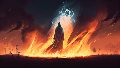 A person standing in the field of flames digital art illustration