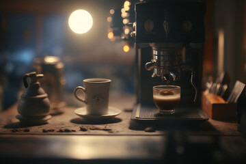 The process of brewing coffee in a coffee machine, mugs in the background