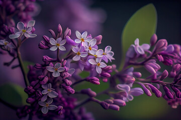 Purple lilac flowers close-up, fresh spring lilac on bush tree, spring festival, decor. Generative AI