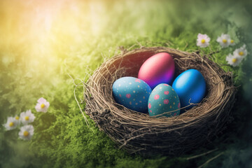 Fototapeta na wymiar Nest with easter eggs in grass on a sunny spring day, copy space. AI