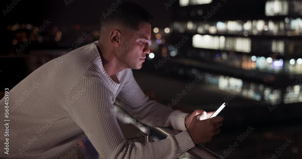 Poster business man, phone and night data on city building rooftop typing email, search or communication. m