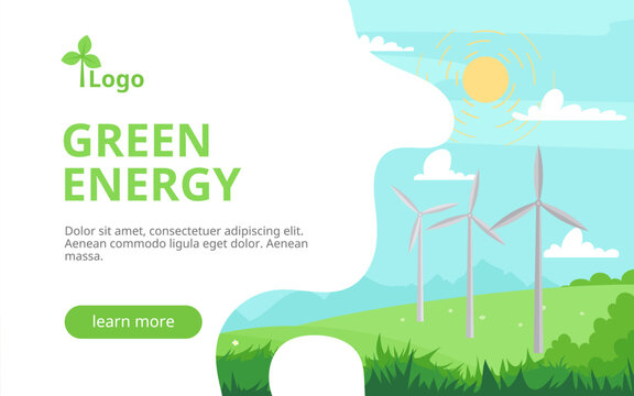 Meadow landscape banner. Wind turbines. Industrial green energy concept. Vector illustration of energy generation. Wind mill on summer background. Renewable energy sources. Wind farm and factory.