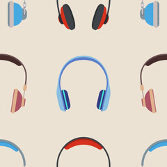 Color headphones seamless vector pattern. Flat design style. Different headphones pattern. Color vector background.
