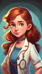 Cartoon character children book illustration, generative Ai, young lady doctor	 - 568416389