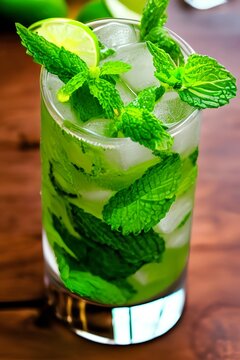 Mojito in a glass on a bamboo table. Mint, lime ice - generative ai