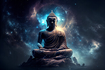 Buddha in a Lotus Pose cosmic aura background and with mandala. Sacred and spiritual. Ai generated illustration.  - obrazy, fototapety, plakaty