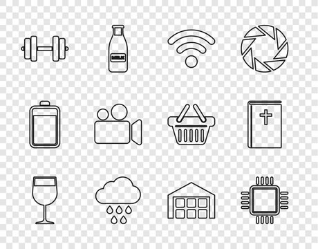 Set line Wine glass, Processor with CPU, Wi-Fi wireless network, Cloud rain, Dumbbell, Movie Video camera, Warehouse and Holy bible book icon. Vector