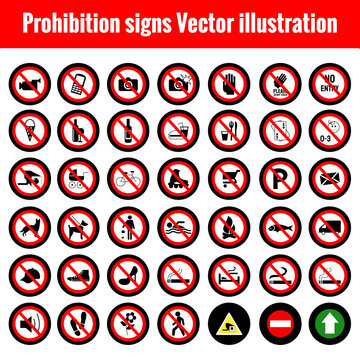 Collection set of warning Prohibition signs and symbol, mandatory, Red prohibition sign set, Forbidden signs collection -  vector illustration