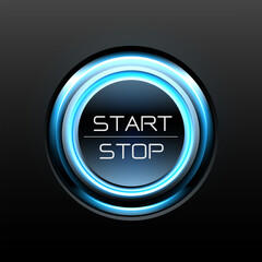 Start stop engine button blue light power on black design concept technology background vector
