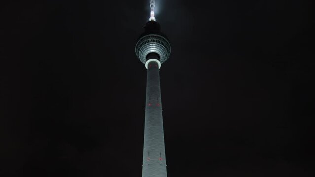 Television Tower, Berliner Fernsehturm, Berlin. Located at Alexanderplatz, Berlin Television Tower or Berliner Fernsehturm at night is an iconic 368 metre tall structure opened in 1969.