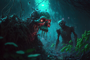 Scary skeleton monster, undead. Horror background in gray tones. Gen Art

