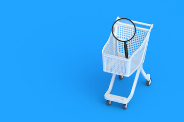 Magnifier in market cart. Copy space. 3d render
