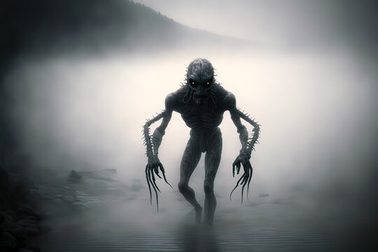 Scary monster, undead, Terrible character on gray smoky background. Gen Art
