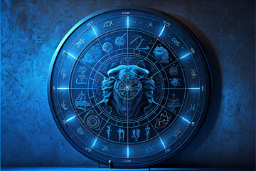 Astrological signs on the antique clock , Medieval wheel of the zodiac and constellations. Golden symbols on a star circle. Astrology concept, horoscope and time. High quality photo. Ai generated