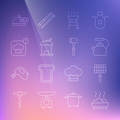 Set line Bowl of hot soup, Barbecue steel grid, Kettle with handle, grill, Manual coffee grinder, Chef hat, Covered tray food and Kitchen hammer icon. Vector