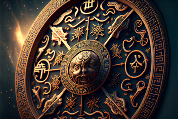 Fototapeta na wymiar Astrological signs on the antique clock , Medieval wheel of the zodiac and constellations. Golden symbols on a star circle. Astrology concept, horoscope and time. High quality photo. Ai generated