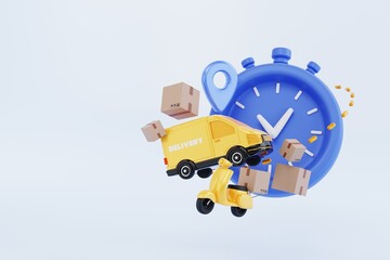 fast delivery service concept. blue location pin, yellow delivery van and scooter floating around stopwatch icon and parcels. express delivery 3d illustration
