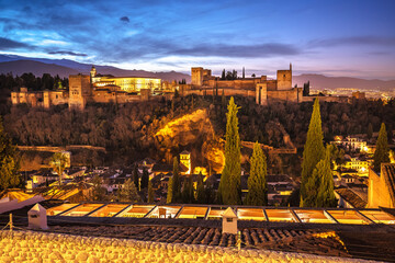 Ancient Alhambra sunrise view, UNESCO world heritage site in Granada