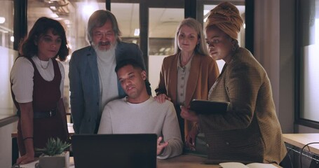 Laptop, tablet and business people teamwork on night project, digital finance portfolio or feedback review of stock market research. Financial economy, investment collaboration and trader trading nft - Powered by Adobe