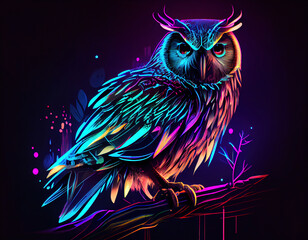 Elegant owl illustration with abstract neon effect. Generative AI.