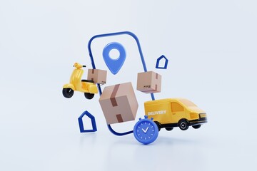 express delivery on smartphone  concept. yellow delivery van, scooter floating with elements on blue background