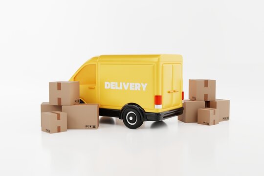 express delivery concept. yellow delivery van and stack of parcel on white background. 3d illustration