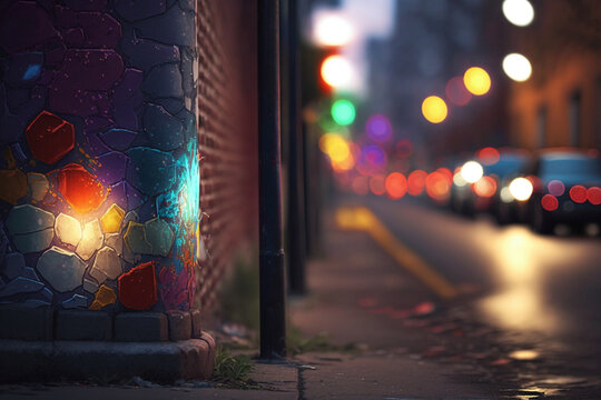 a brick wall with a lamp on the side of it, graffiti art by Evgeny Lushpin, behance contest winner, photorealism, volumetric lighting, rendered in cinema4d, flickering light, Generative Ai