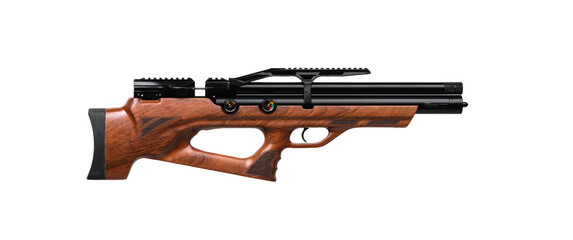 A modern air rifle with a futuristic design. Pneumatic weapon with a wooden butt for sports and...