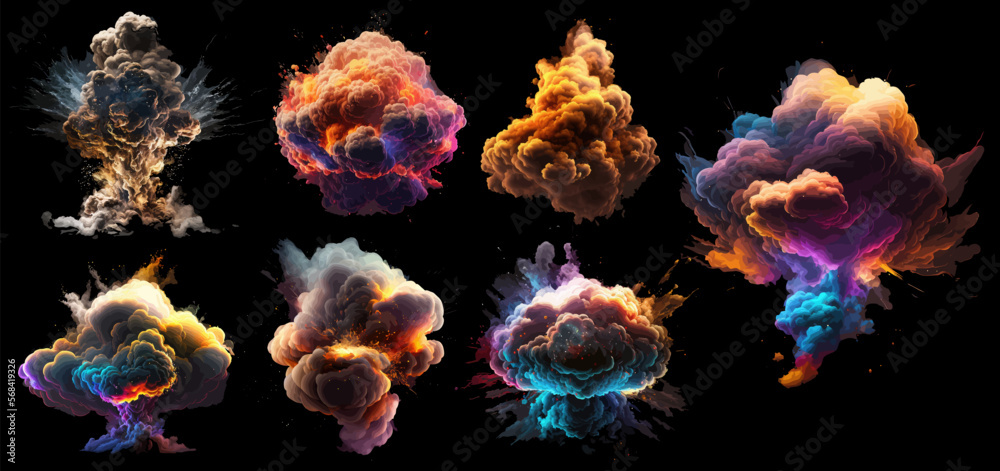 Poster set magic explosion, game bomb boom effect with colorful clouds. isolated smoke cumulus elements of 