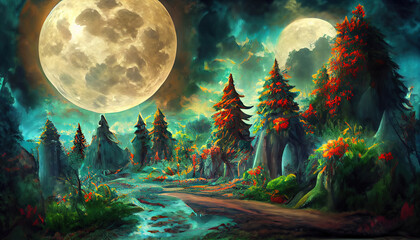 Fototapeta na wymiar Excellent Bright full moon over dark fairy tale forest. Generative Ai