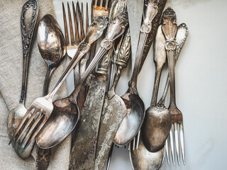 Vintage tableware lying on the table. Close-up, view from above. Tasty and healthy eating concept