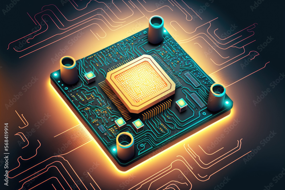 Poster high tech background with a virtual flashing semiconductor and chip. artificial intelligence concept