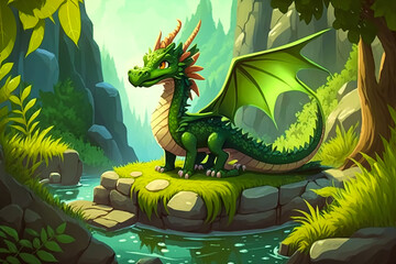 Sweet Dragon in the green forest, children's book style. Generative AI - obrazy, fototapety, plakaty