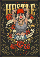 Hustle girl gangster colorful poster - obrazy, fototapety, plakaty