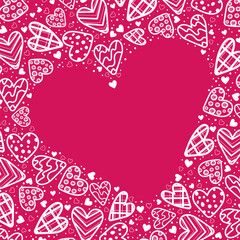 Template Congratulation postcard with pattern of white hearts on pink, space for text