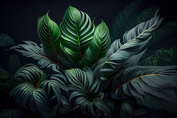 Fototapeta na wymiar Background from natural green tropical leaves close up on black background, mockup for product and text, spring and summer nature concept. Generative AI