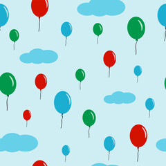 Blue clouds and balloons of different sizes in the blue sky. Seamless pattern with colorful balloons on a light background. Children's background. Vector illustration.