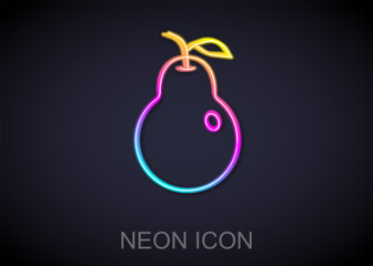 Glowing neon line Pear icon isolated on black background. Fruit with leaf symbol. Vector