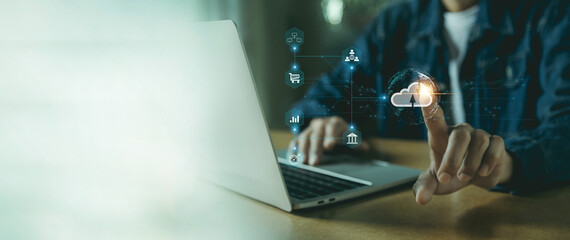 Business hand using  virtual popup icon of cloud computer Storage and data transfer Cloud network ,...