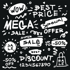 Black and white set of handdrawn stickers for the store. Arrow. Discount on Black Friday. Wow, best price, discount, special offer, mega, super. Cartoon line art icon. Vector bubble. Banner sale. Shop