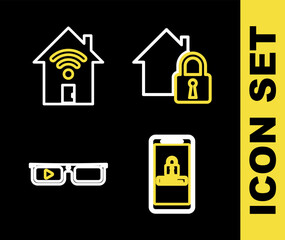 Set line House under protection, Mobile and password, Smart glasses and home with wi-fi icon. Vector