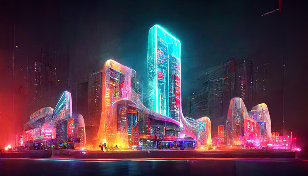Futuristic metaverse city concept with glowing neon lights. Generative Ai © hassanmim2021