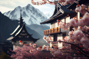 Japanese cherry blossom sakura on the background of an old asian style house, tourism to asia during the flowering of plants and spring. Generative AI