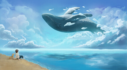 Whale In The Cloud Illustration hand drawn digital art, digital painting